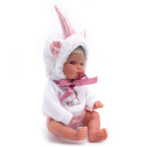 Păpușă bebeluș în căciulă-unicorn, 21 cm